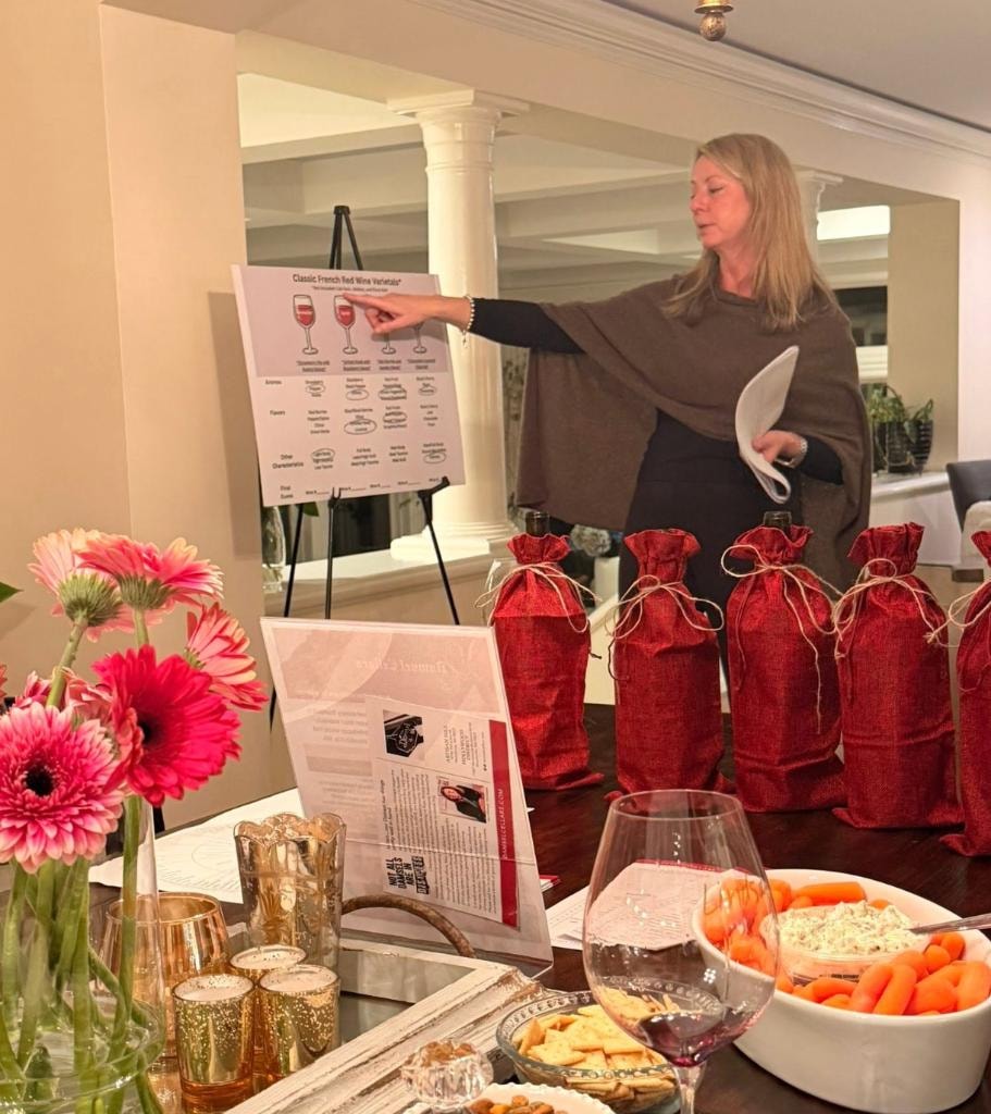 Instructor presenting wine varietals chart at a tasting class